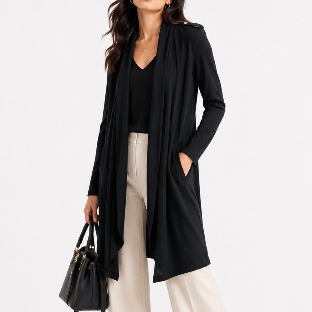 White House Black Market Black Open Front Cardigan Shawl Collar XS